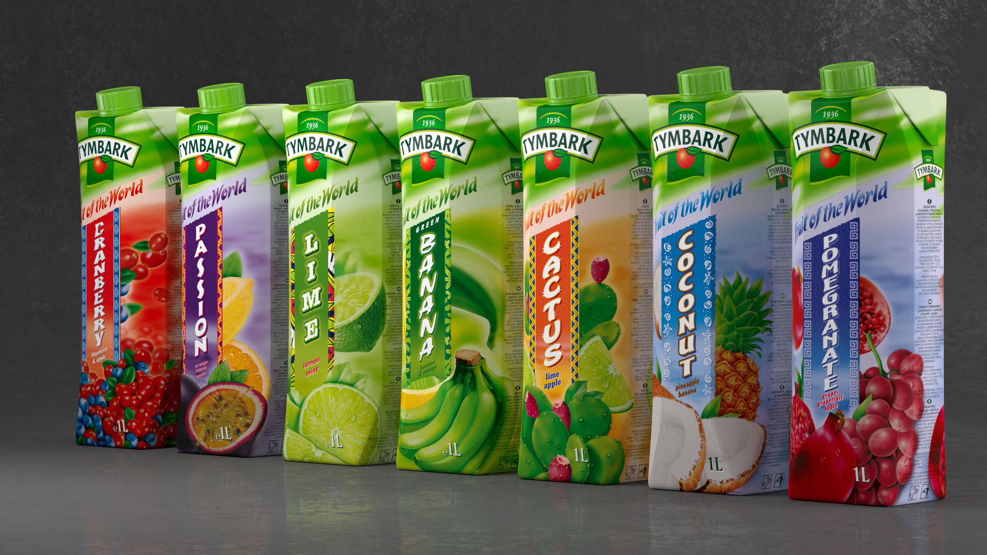 Render - wizualizacja 3D serii opakowań Tetra 1L Tymbark przygotowanych do druku